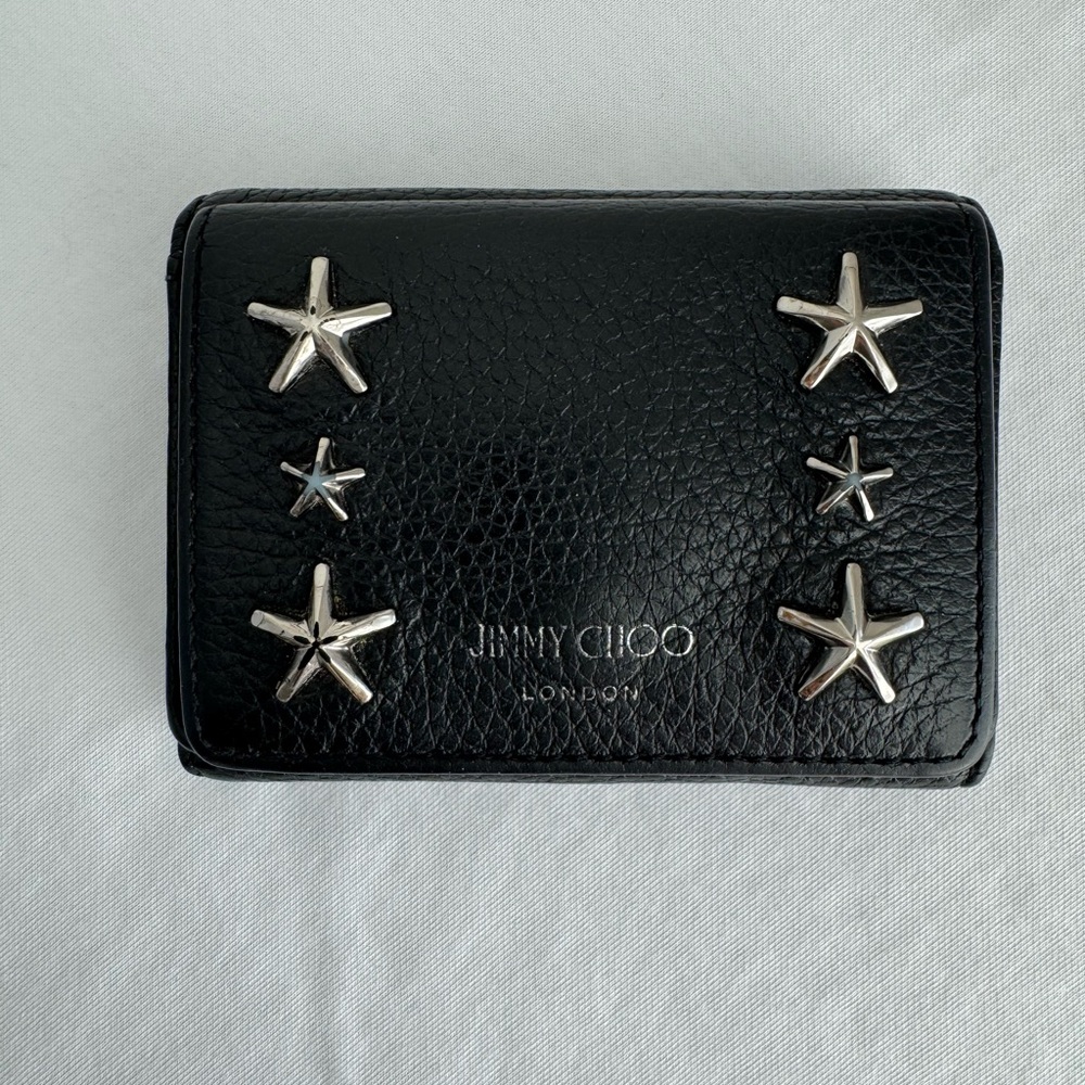 Jimmy Choo Nemo Black Leather Star-Studded Compact Trifold Wallet
